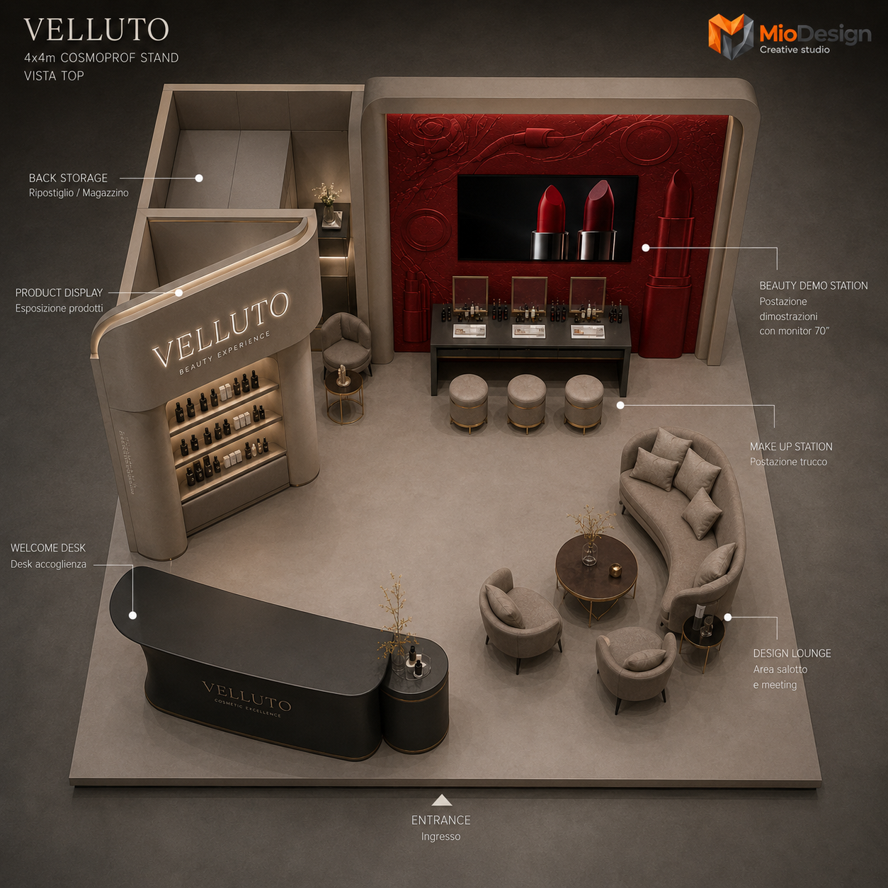 Progetto stand 4x4 mt VELLUTO fiera Cosmoprof