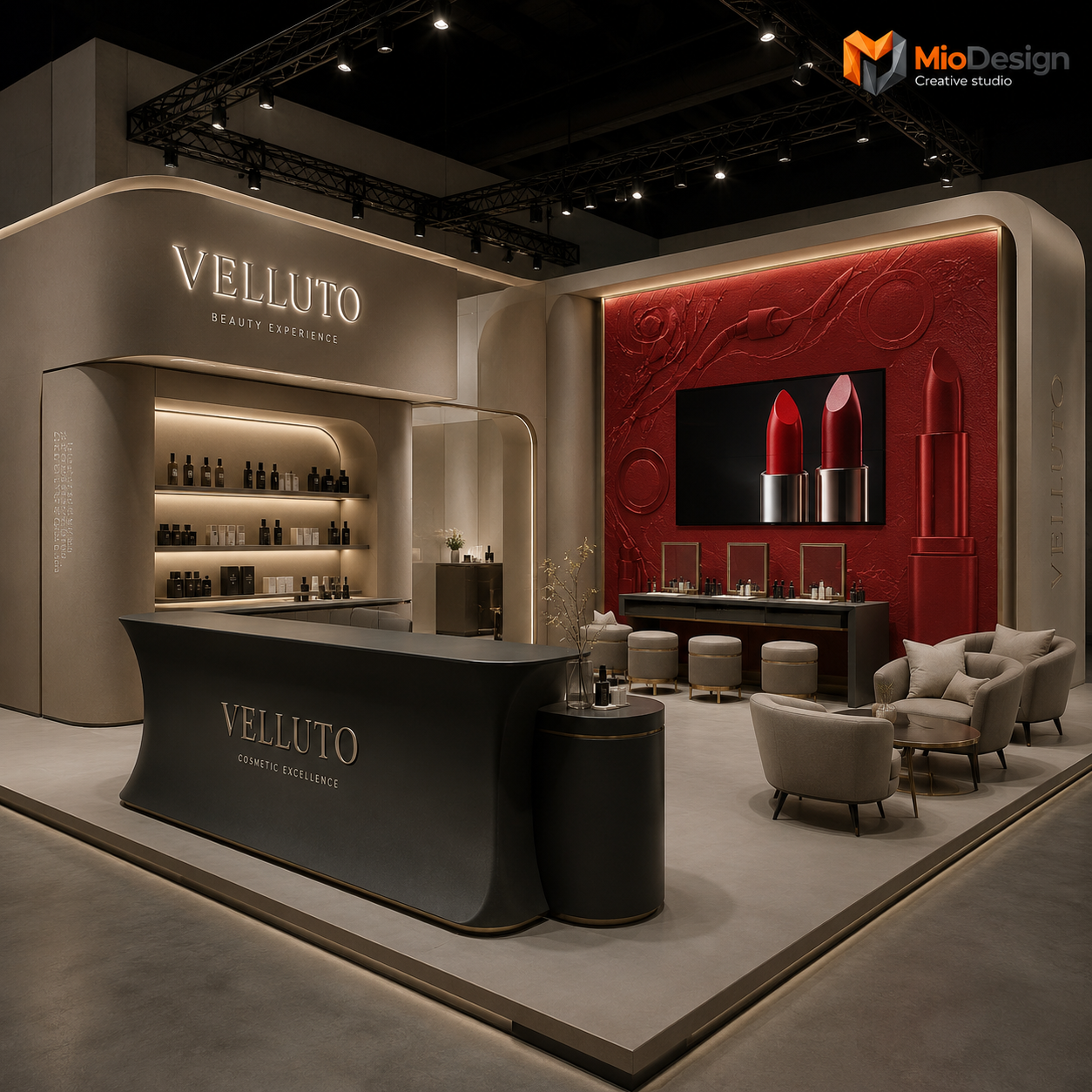 Progetto stand 4x4 mt VELLUTO fiera Cosmoprof