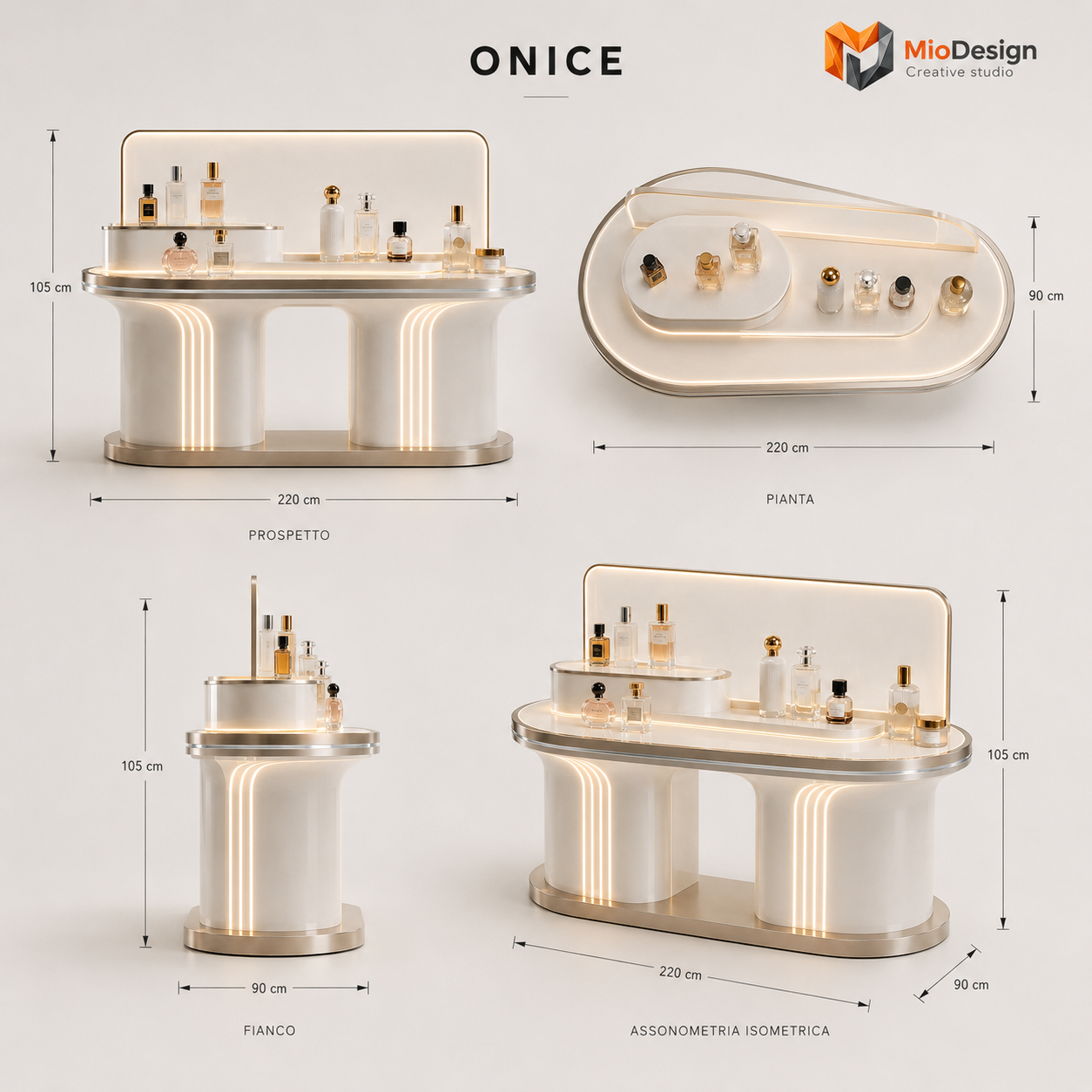 ONICE teca espositiva in PET laccato e ottone spazzolato