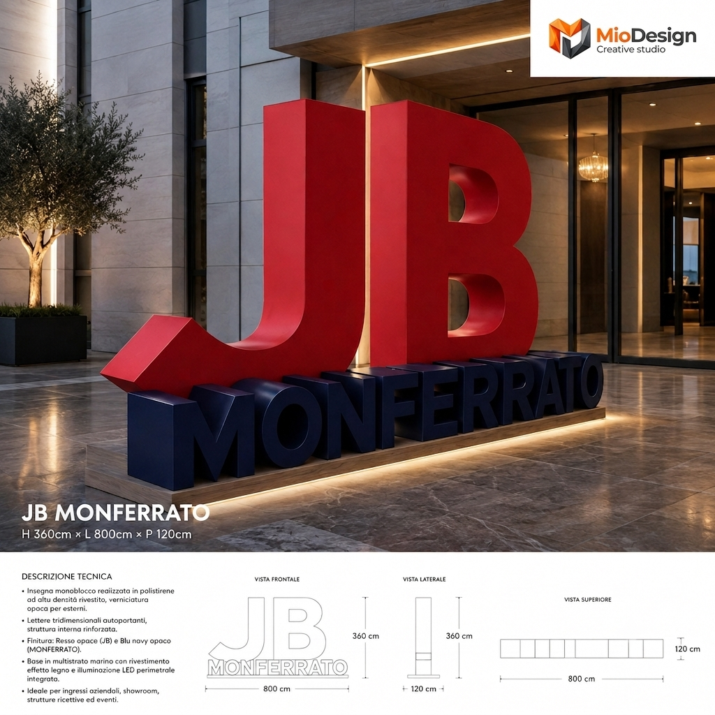 Insegna "JB Monferrato"                H 360cm × L 800 cm × P 120 cm chiedere preventivo