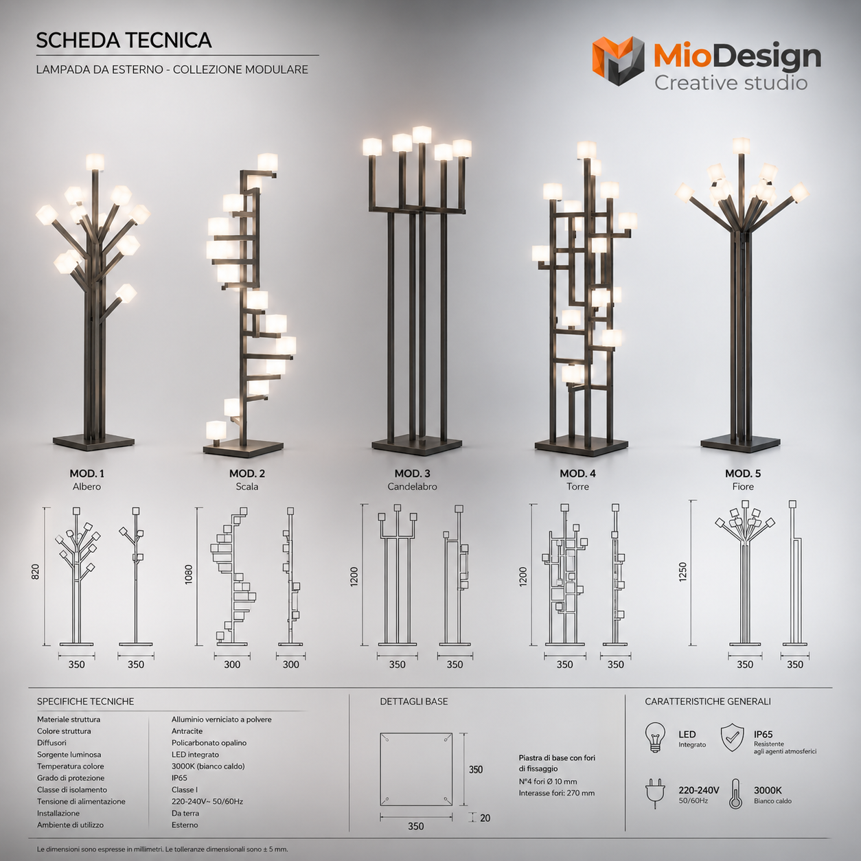 Linea "mangrovia"  kit 5 lampade a led  da terra a batteria ricaricabile